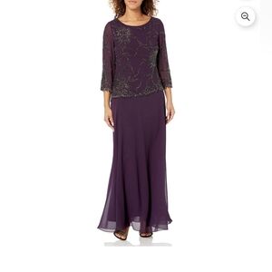 NWT J Kara 3/4 Sleeve Beaded Chiffon Formal Asymmetric Dress Plum 6